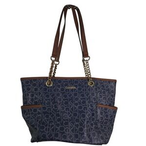 Calvin Klein Monogram Tote Bag Navy Brown Chain Strap Shoulder Bag purse classic